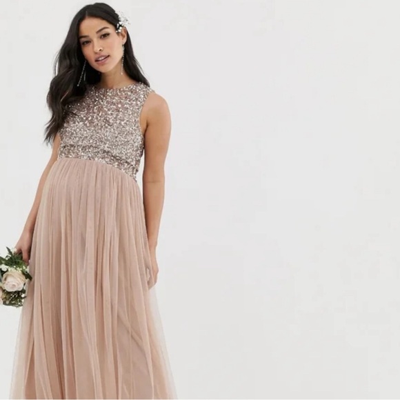Maya Maternity Bridesmaid Sleeveless Tulle Dress with Sequin Overlay in Taupe - Picture 2 of 2